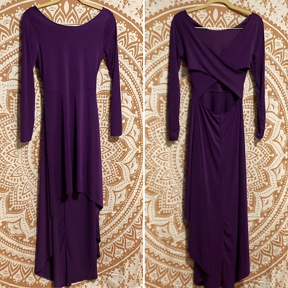 Dark purple, high-low, open back dress